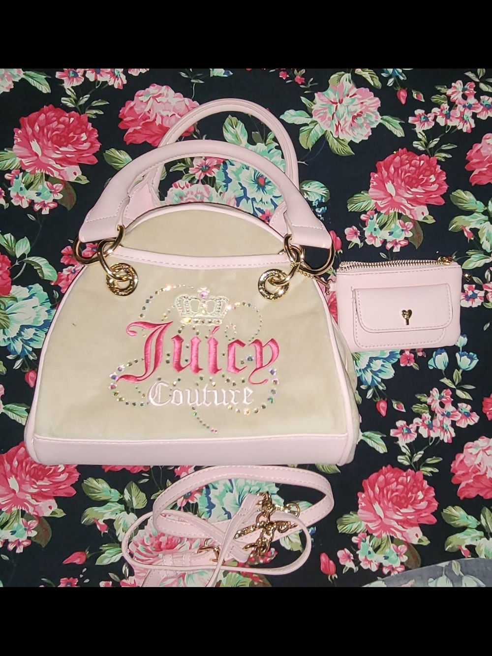 Juicy Couture Pink Velvet and Leather Dome Satchel with Coin Pouch